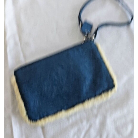 COACH Wristlet Blue SOFT Pebbled Leather with Shearling Trim - Picture 2 of 5